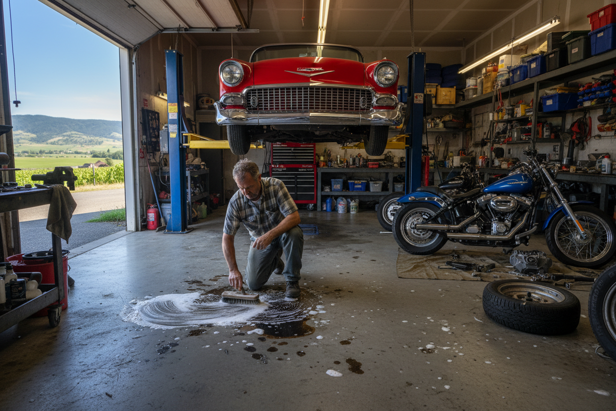 show the shop guy scrubbing it, maybe wearing  plaid short